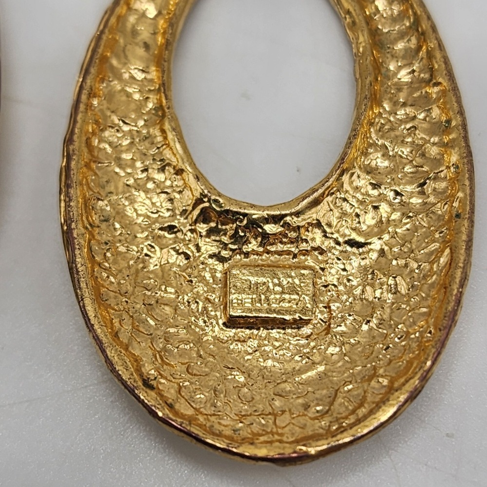 Vintage Bellezza Italy Hammered Gold Tone Dangle Oval Designer Pierced Earrings - Picture 7 of 11
